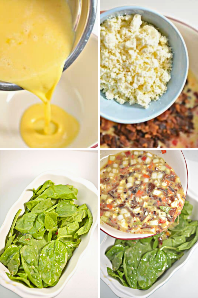 Step-by-step process of making a spinach and feta egg bake, featuring whisked eggs, crumbled feta, cooked bacon, fresh spinach, and a colorful low carb egg mixture being poured into a baking dish—perfect for an easy keto breakfast bake.