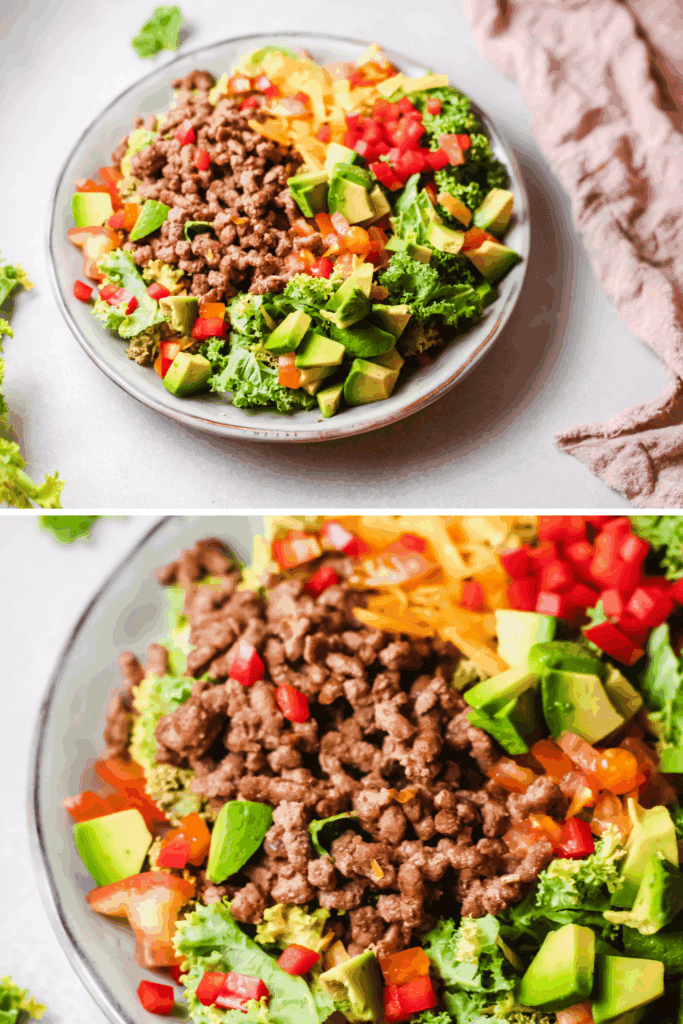 Two angle views of a colorful low carb taco salad with seasoned beef, kale, lettuce, avocado, peppers, and cheese on a gray background.