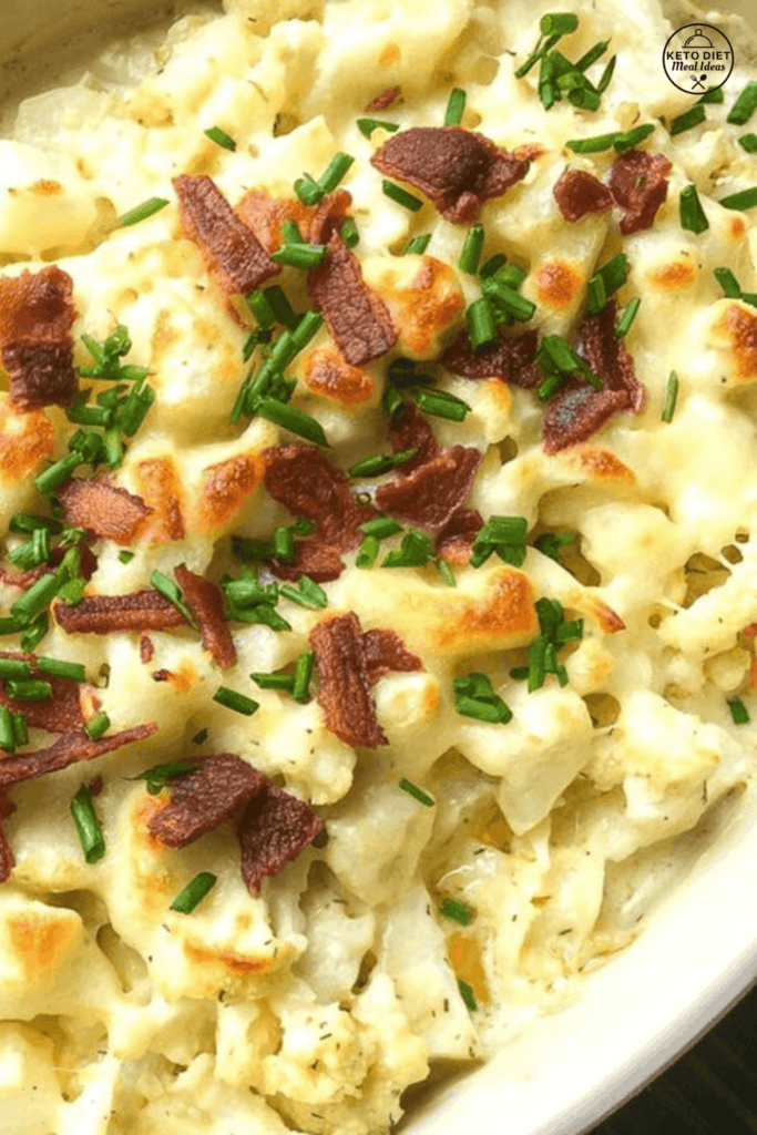 A dish of Keto Loaded Cauliflower Au Gratin topped with melted cheese, crispy bacon, and chopped chives for a creamy, low-carb comfort meal.
