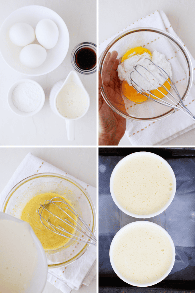 Step-by-step keto creme brulee prep images showing ingredients, mixing egg yolks and sweetener, combining with cream, and filled ramekins in a water bath.