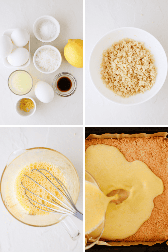 Step-by-step keto lemon bar preparation showing ingredients, crust mixture, whisked lemon filling, and pouring into the crust.