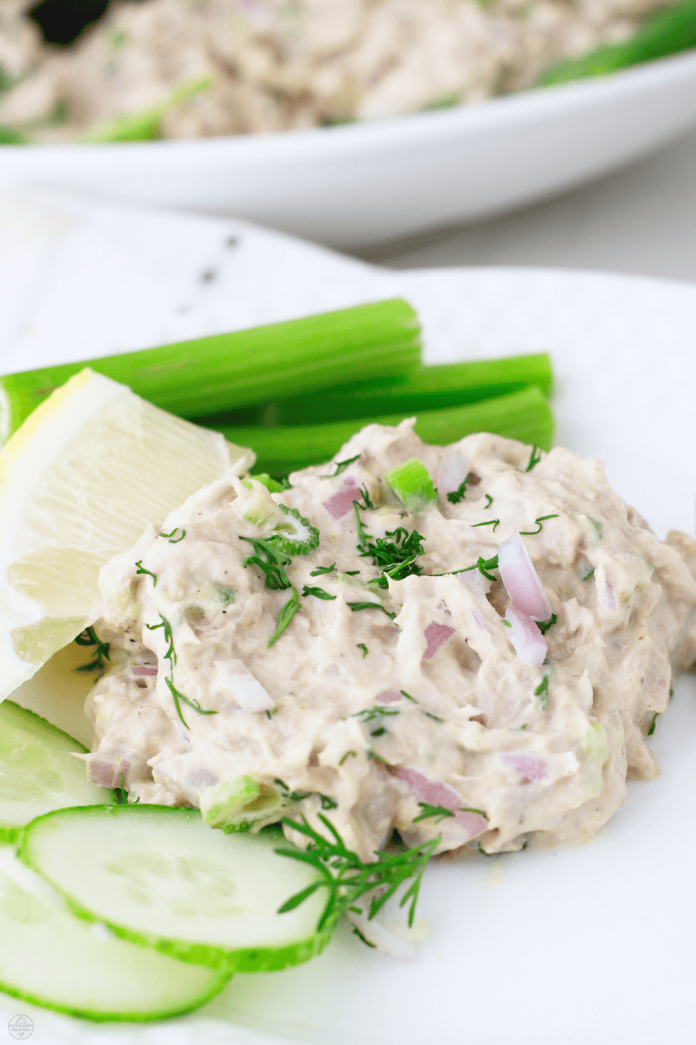Low carb tuna salad plated with lemon, celery sticks, and sliced cucumber for a fresh and keto-friendly snack.