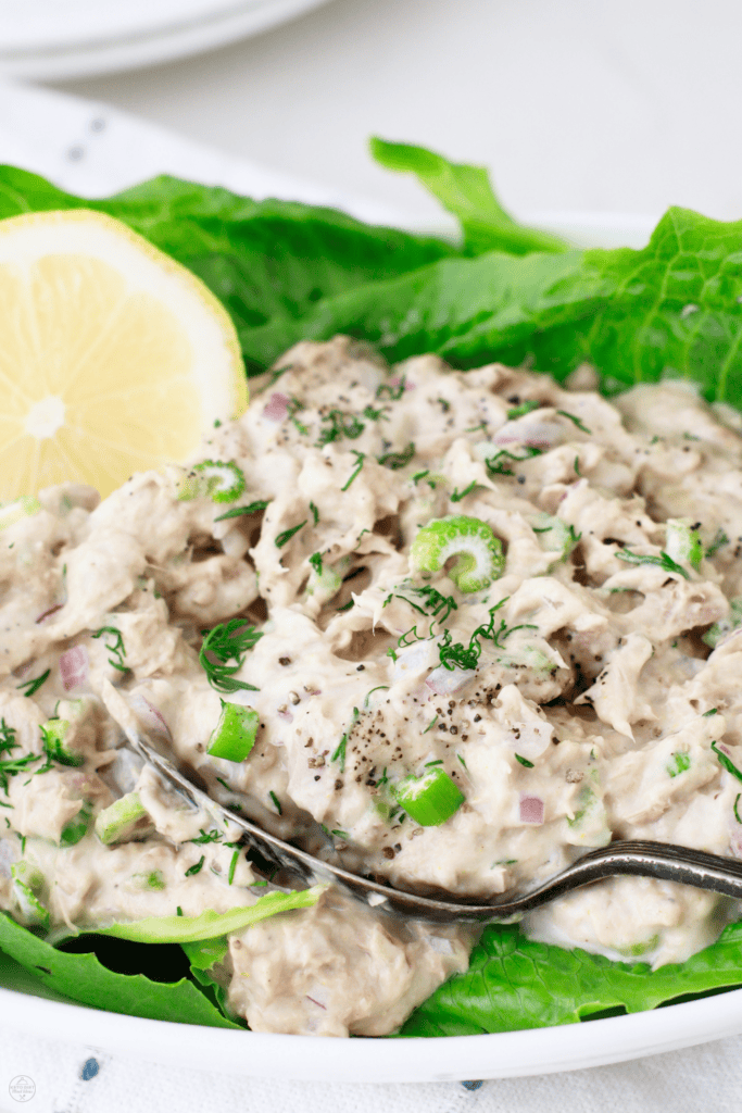 Creamy keto tuna salad served on crisp romaine lettuce with fresh dill, celery, and a lemon wedge.