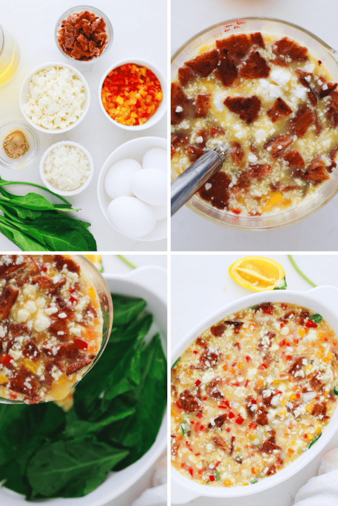 Step-by-step collage showing ingredients and preparation of a spinach and feta egg bake.