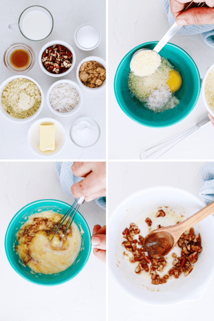Step-by-step collage showing ingredients and preparation of a keto-friendly pecan pie mug cake with almond and coconut flour.