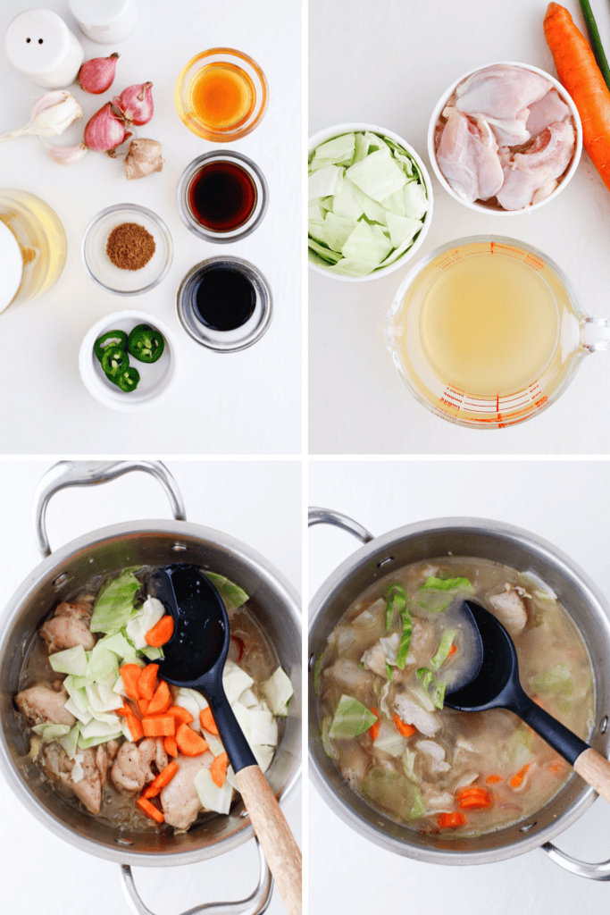 A 4-image collage showing the ingredients and step-by-step cooking process for keto chicken cabbage soup.
