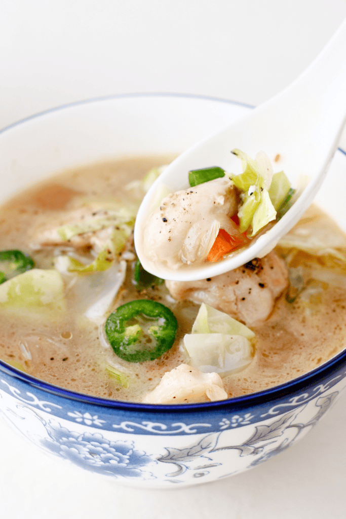 Close-up of keto chicken cabbage soup showing tender chicken, cabbage, and jalapeños in a flavorful broth.