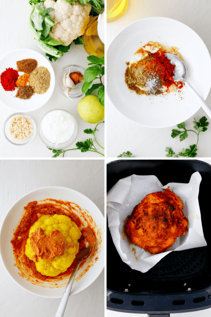 Step-by-step collage of roasted tandoori cauliflower, showing raw ingredients, spices, marinade preparation, and cauliflower placed in an air fryer basket.