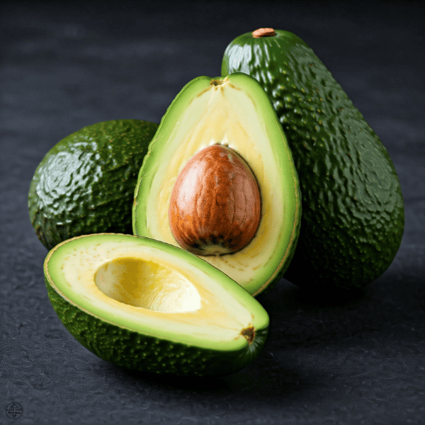Whole and halved avocados arranged on a dark surface, showcasing the creamy green interior and large seed.