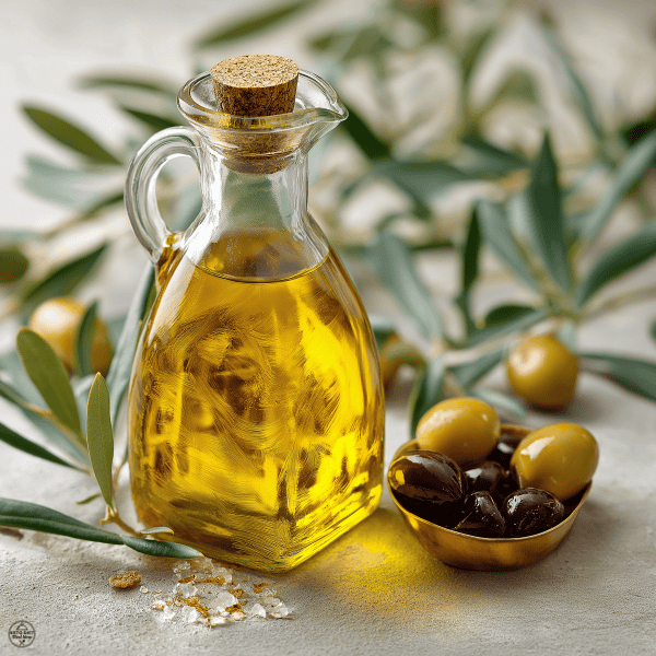 Olive oil in a glass bottle with olives, representing healthy fats used in the 2 2 2 2 rule on keto.